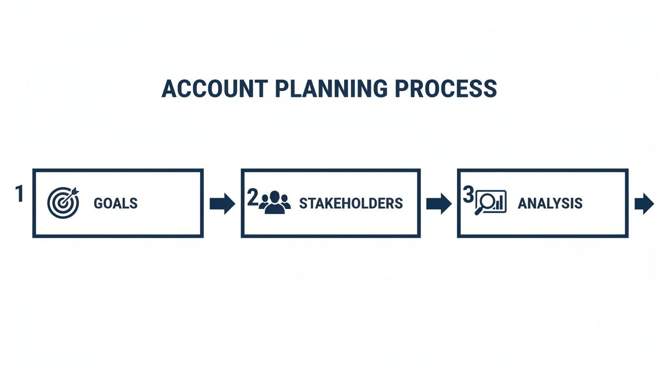 A three-step process diagram for account planning showing goals, stakeholders, and analysis.