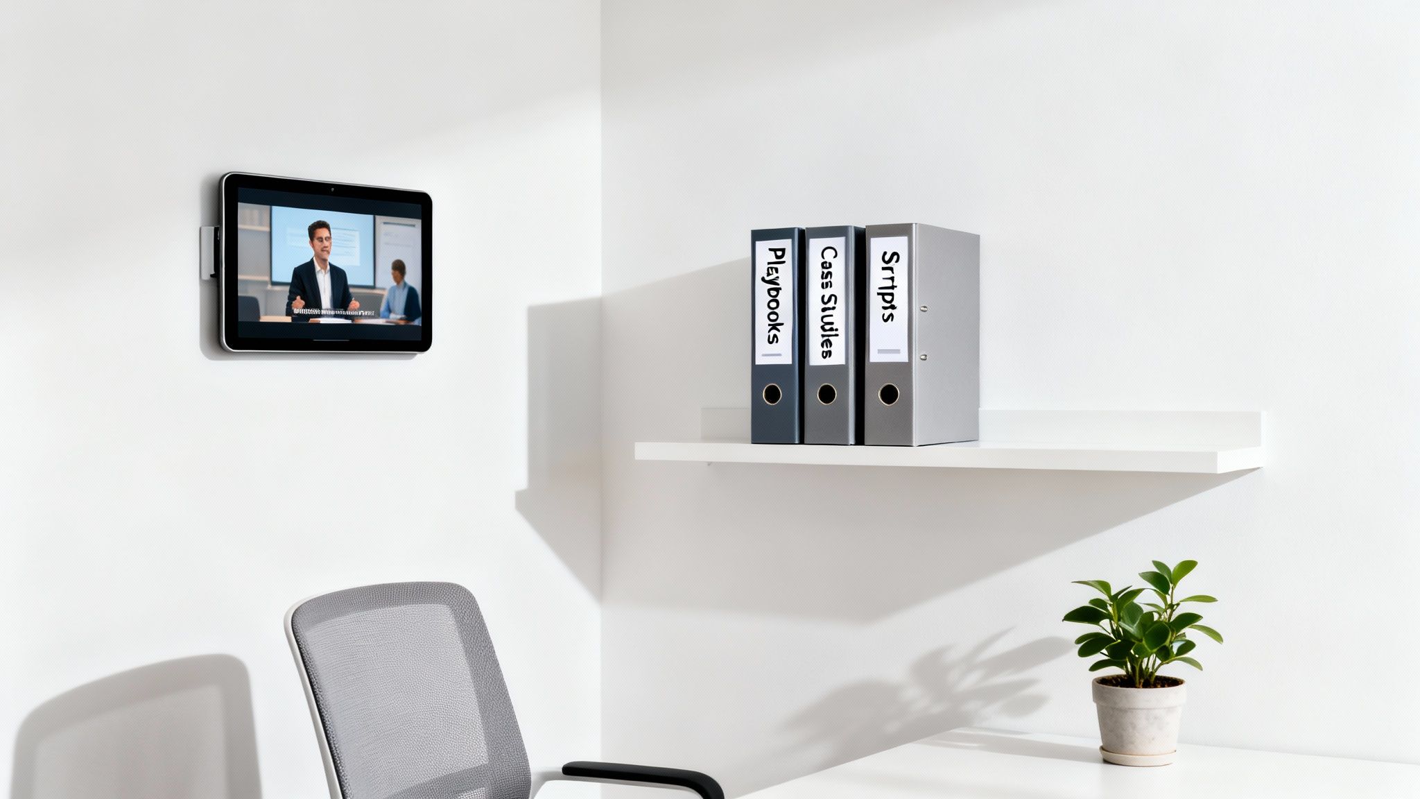 Modern office corner with a tablet displaying a video call and organized binders on a shelf.