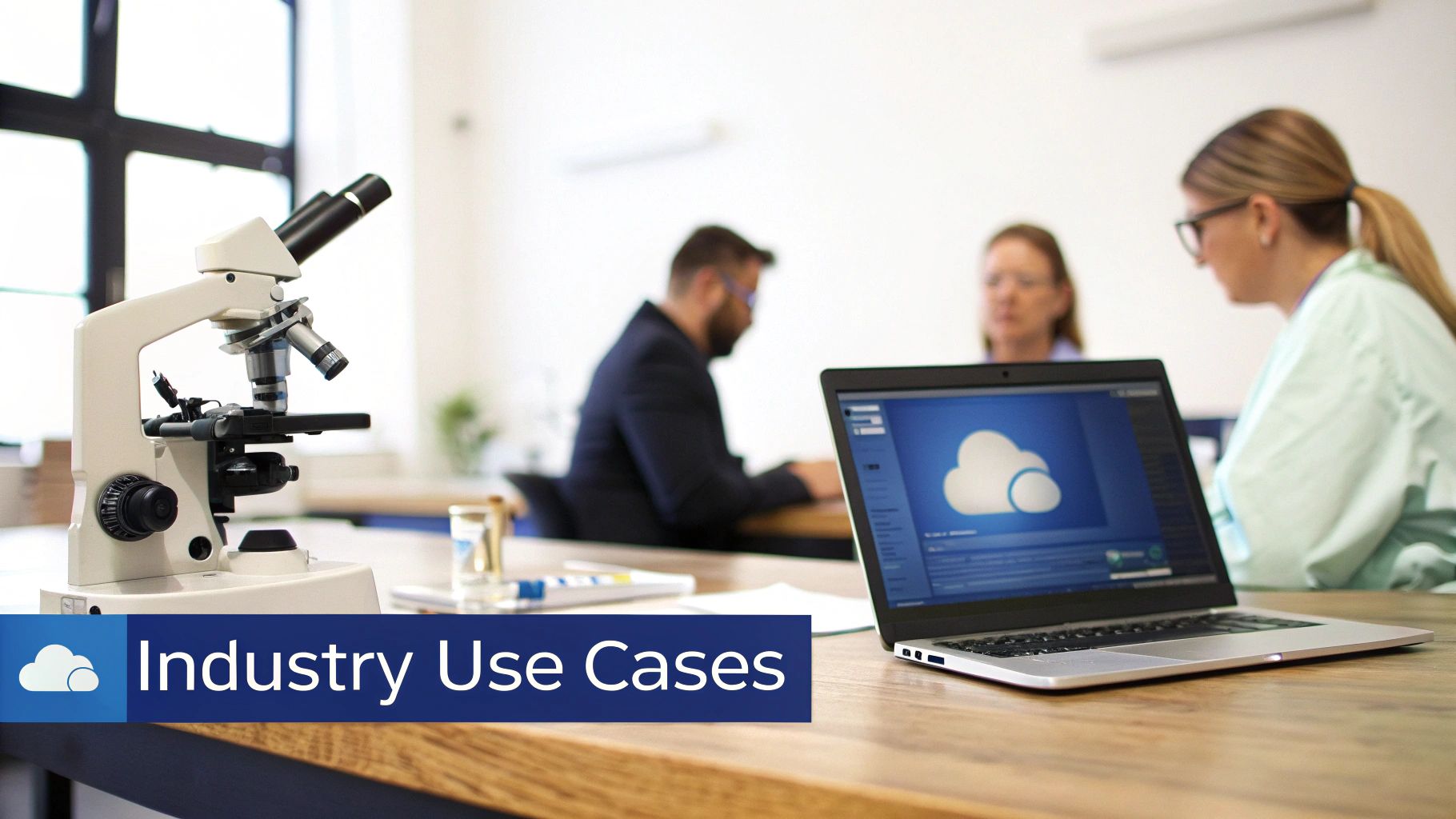 A microscope, a laptop displaying a cloud icon, and people in a medical or laboratory setting.