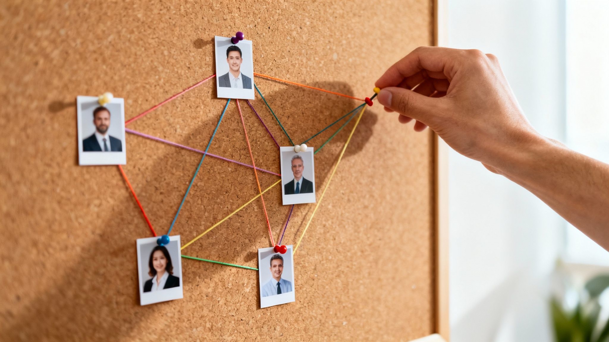 A hand connects photos of people on a cork board with colorful strings, illustrating team networking.