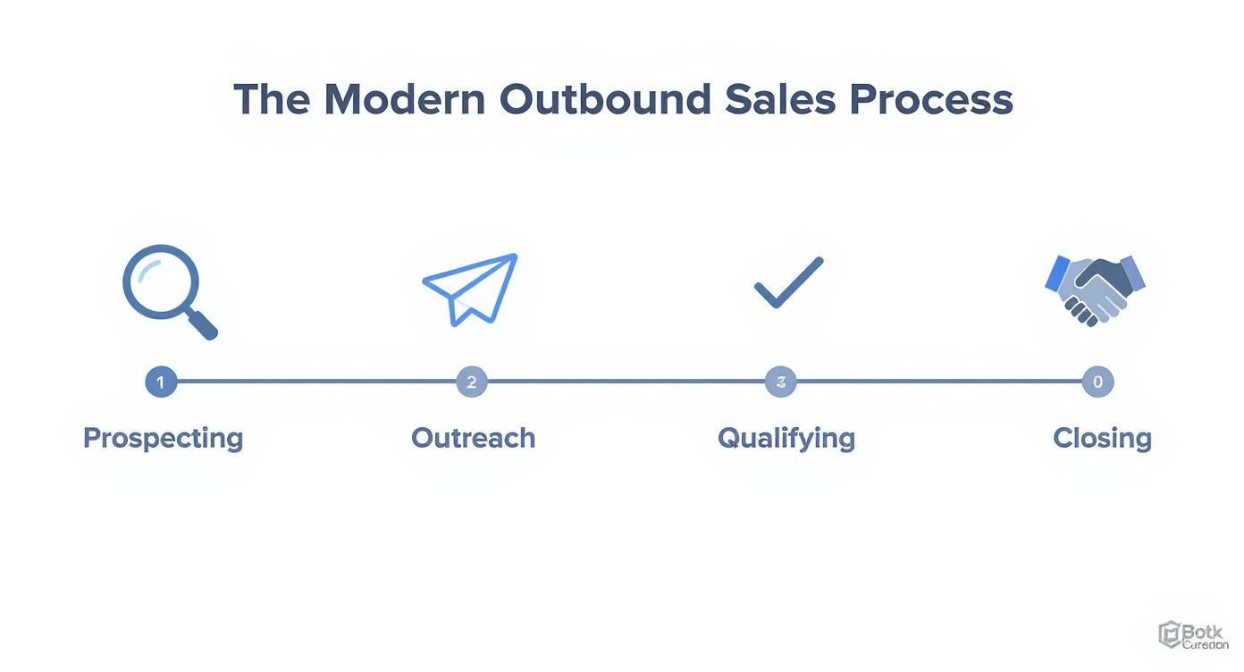 Four-stage modern outbound sales process diagram showing prospecting, outreach, qualifying, and closing phases with icons