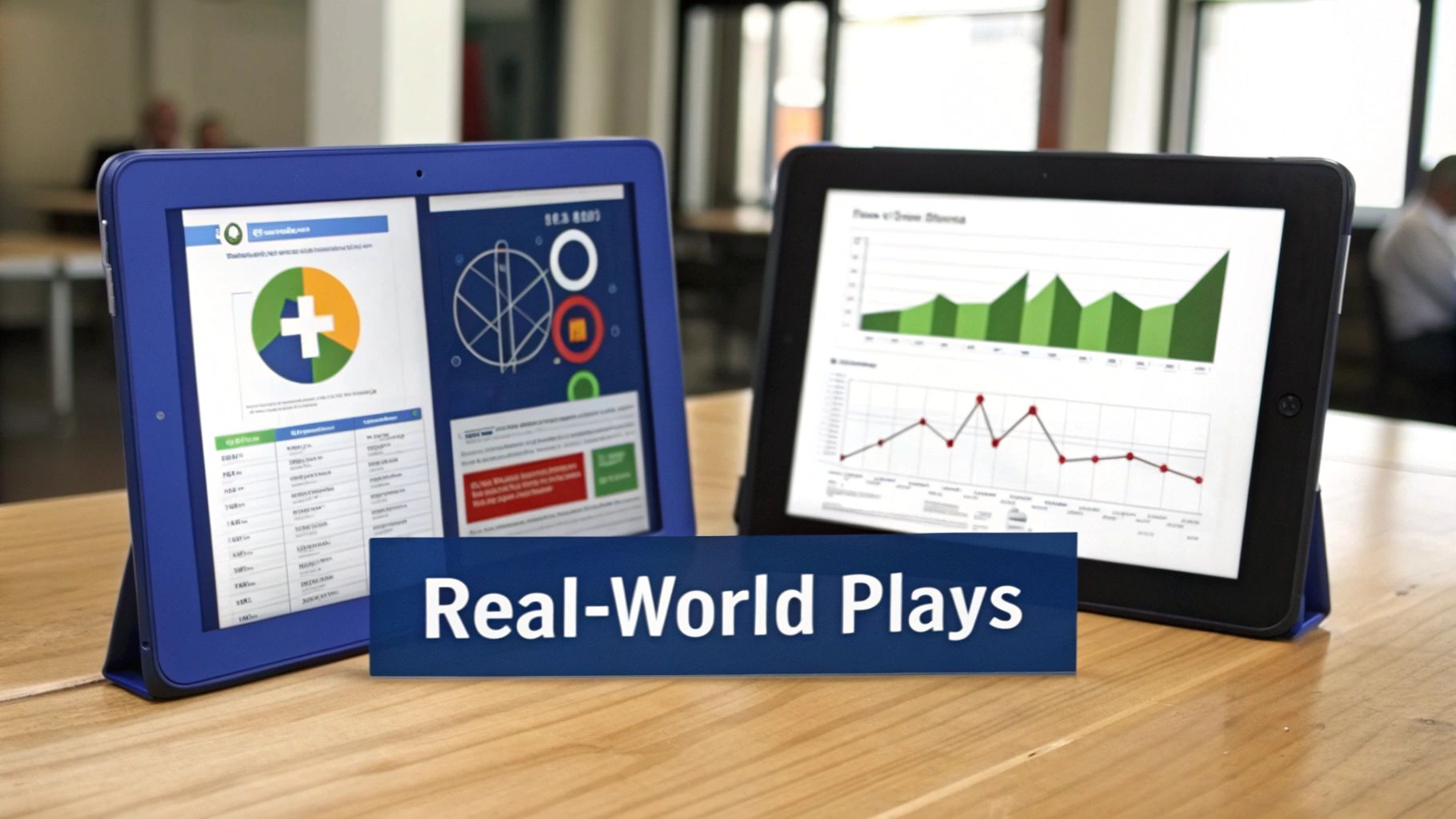 Two tablets on a wooden table displaying business data, charts, and graphs in an office setting.
