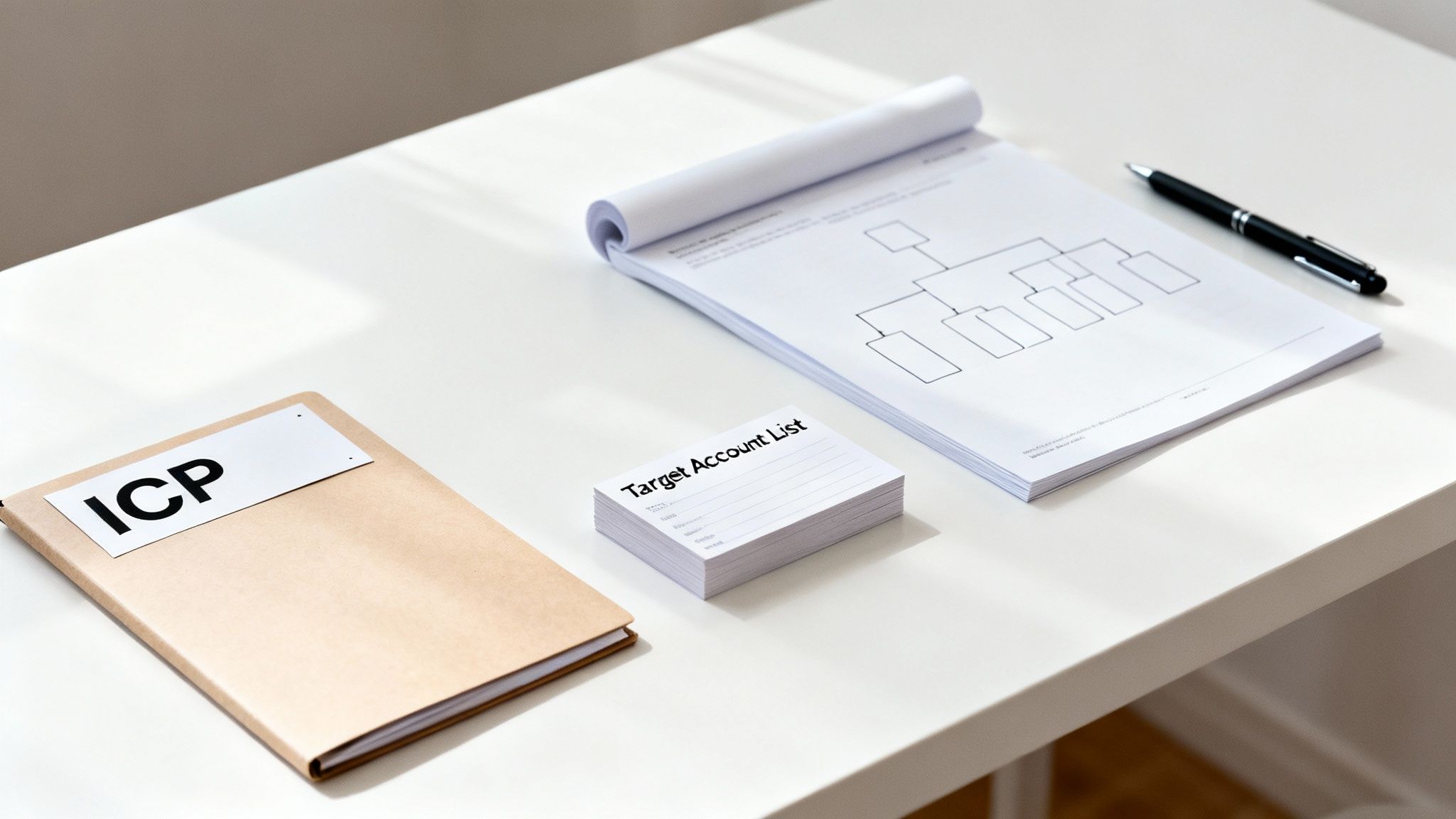 A white desk displaying an 'ICP' folder, 'Target Account List' cards, a notebook with a diagram, and a pen.