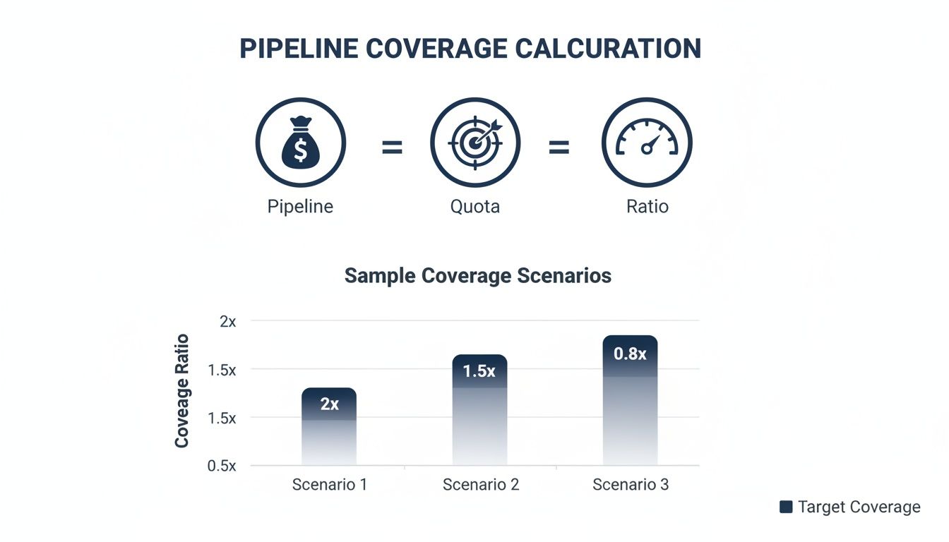 Illustration explaining pipeline coverage calculation (pipeline, quota, ratio) and showing three sample coverage ratio scenarios.