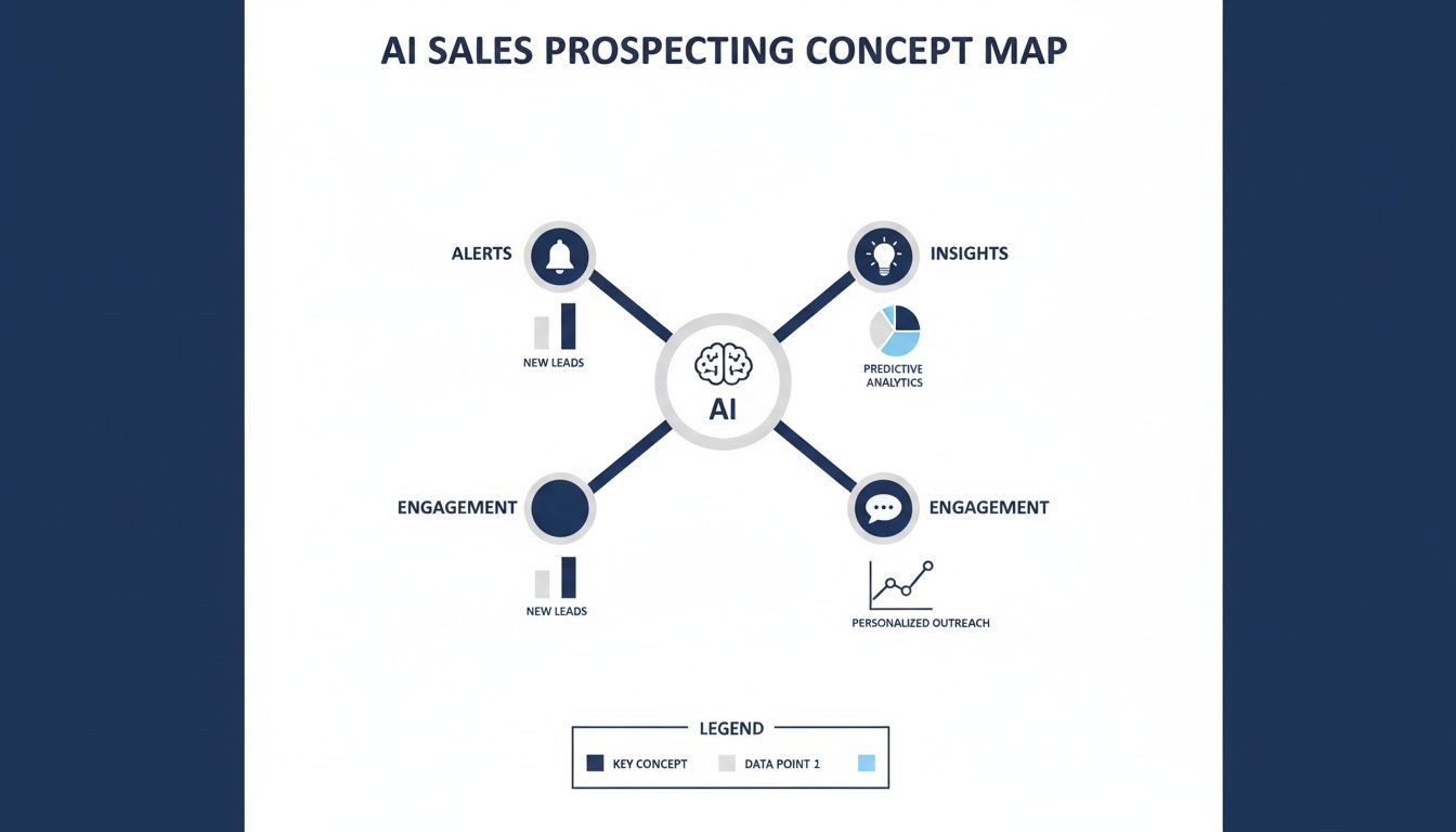 AI sales prospecting concept map illustrating AI's role in alerts, insights, and engagement for sales.