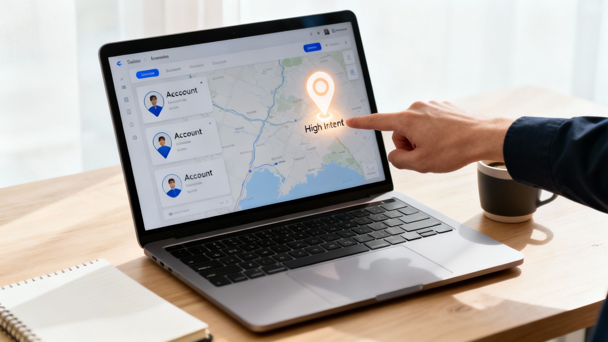 A hand pointing at a 'High Intent' location on a laptop map displaying customer account data.