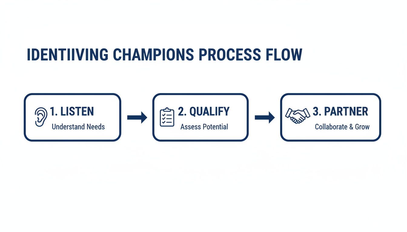 Identifying champions process flow diagram with three steps: Listen, Qualify, and Partner.