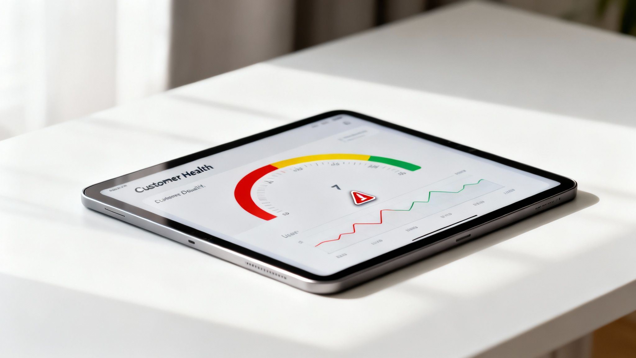 Tablet displaying a 'Customer Health' dashboard with a gauge, trend graphs, and an alert.