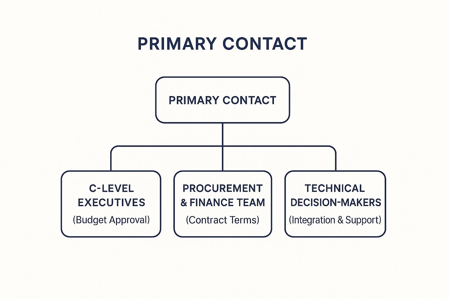 Infographic showing the hierarchy of stakeholder introductions, from the primary contact to C-level executives, procurement, and technical decision-makers.