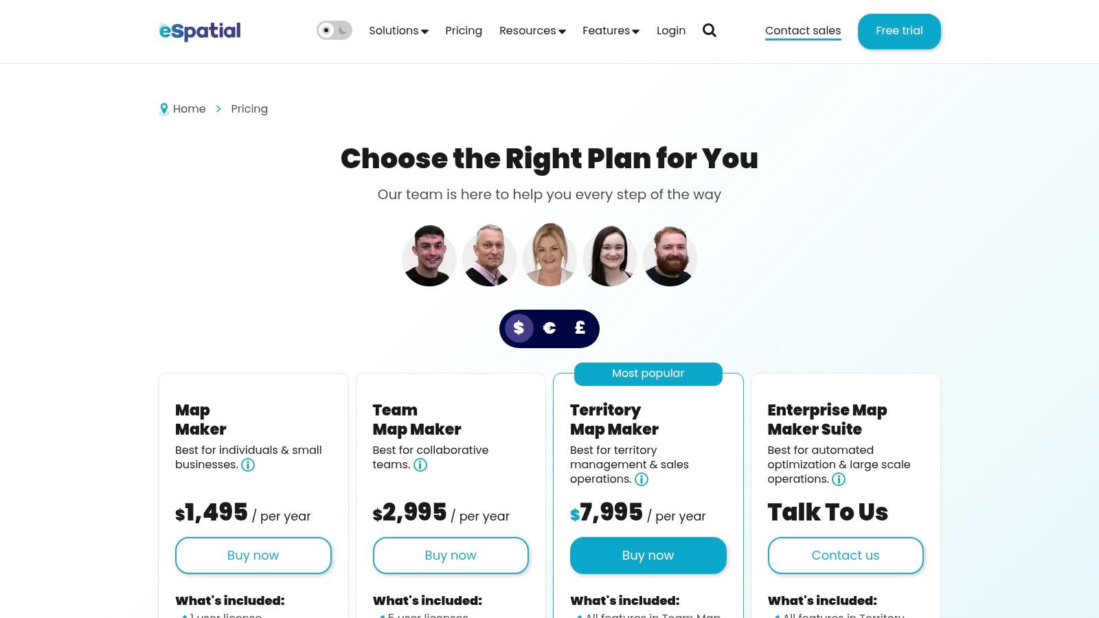 eSpatial pricing plans for sales territory mapping software