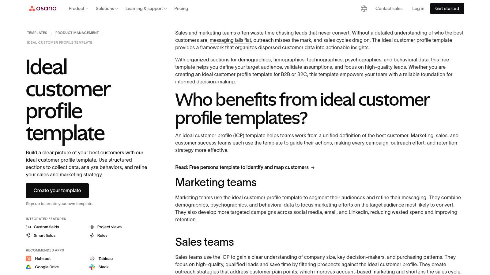 Asana's ideal customer profile template showing project tasks and sections