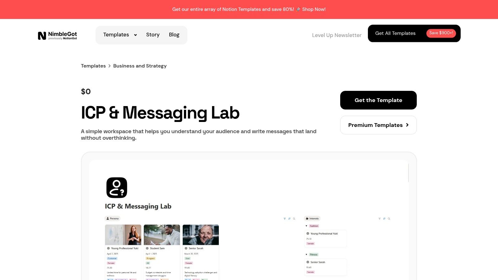 NimbleGot's ICP & Messaging Lab template in Notion