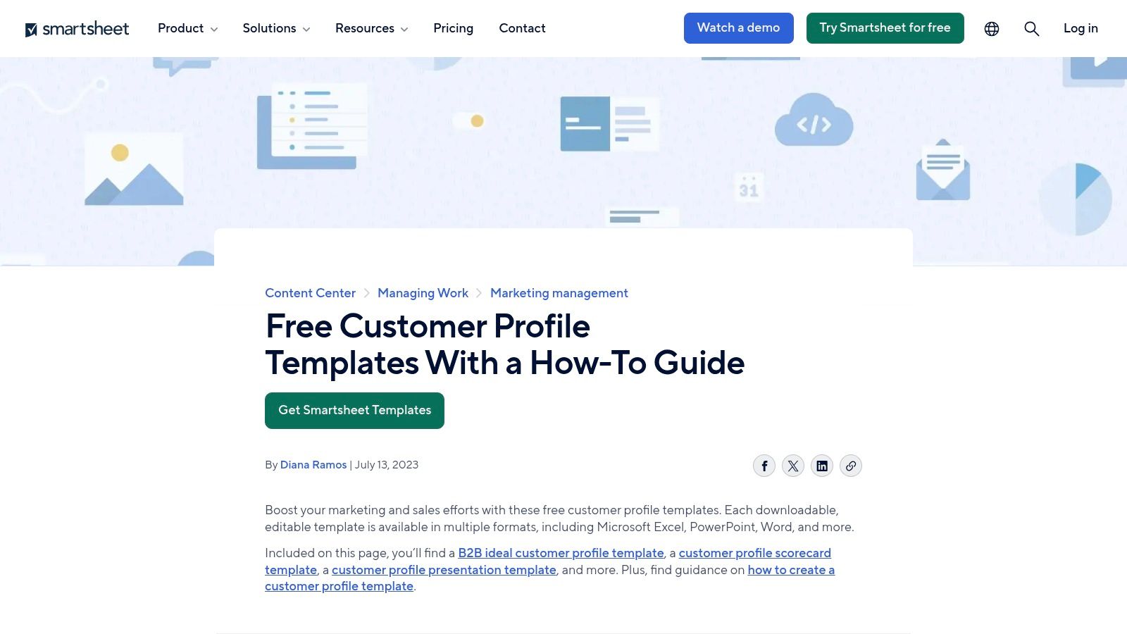Smartsheet's guide on customer profile templates showing various examples