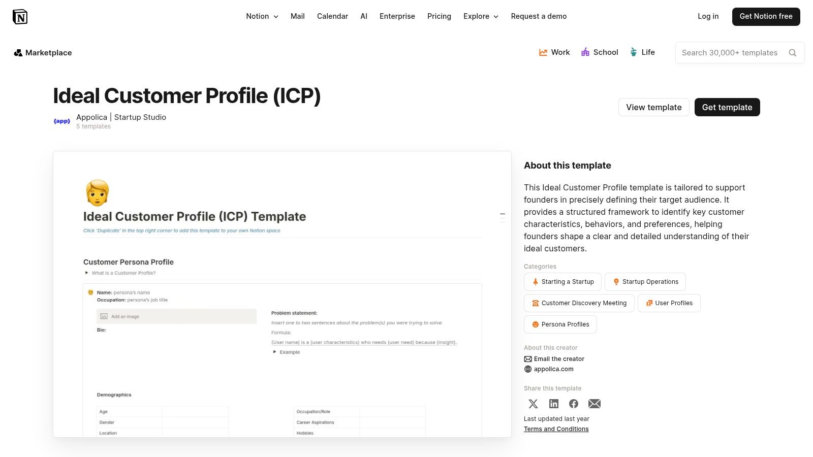 Notion Template Marketplace showing an ideal customer profile template