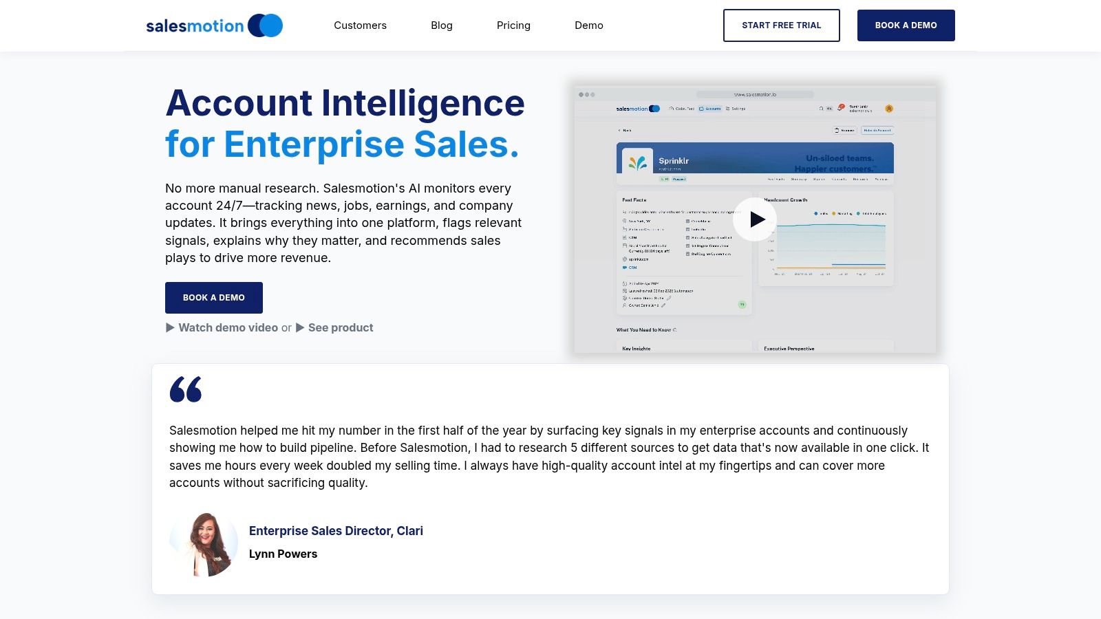 Salesmotion platform interface showing account intelligence and signals