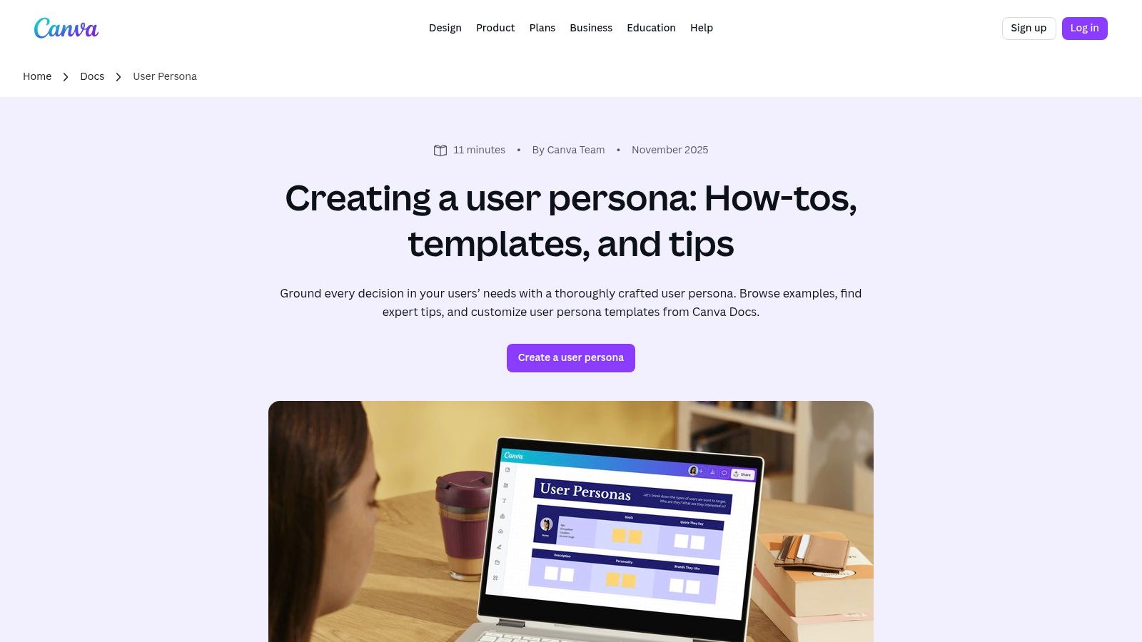 Canva's user persona template page showing a variety of visual designs