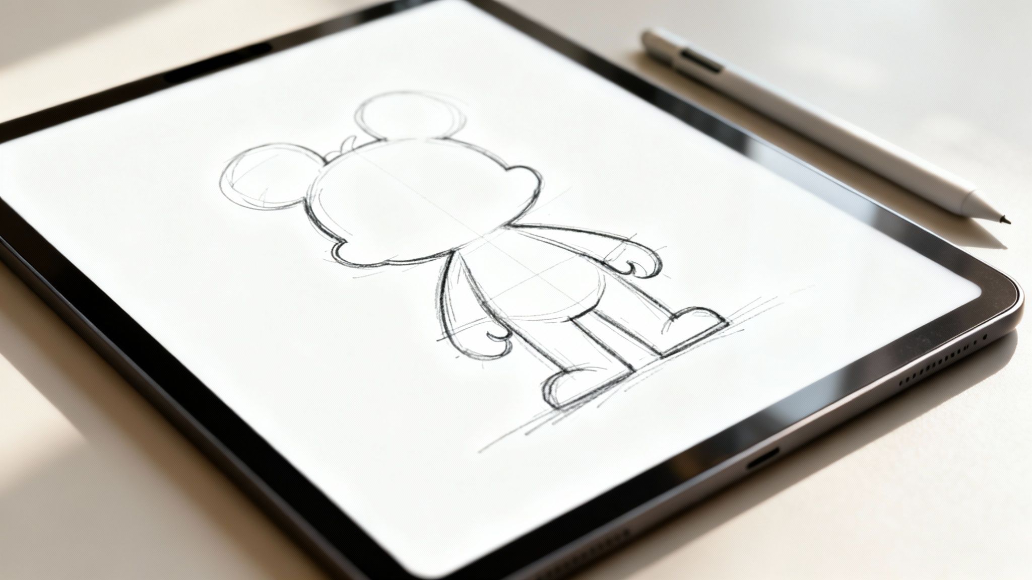 A sketch of a cartoon character showing varied line weights and shapes.