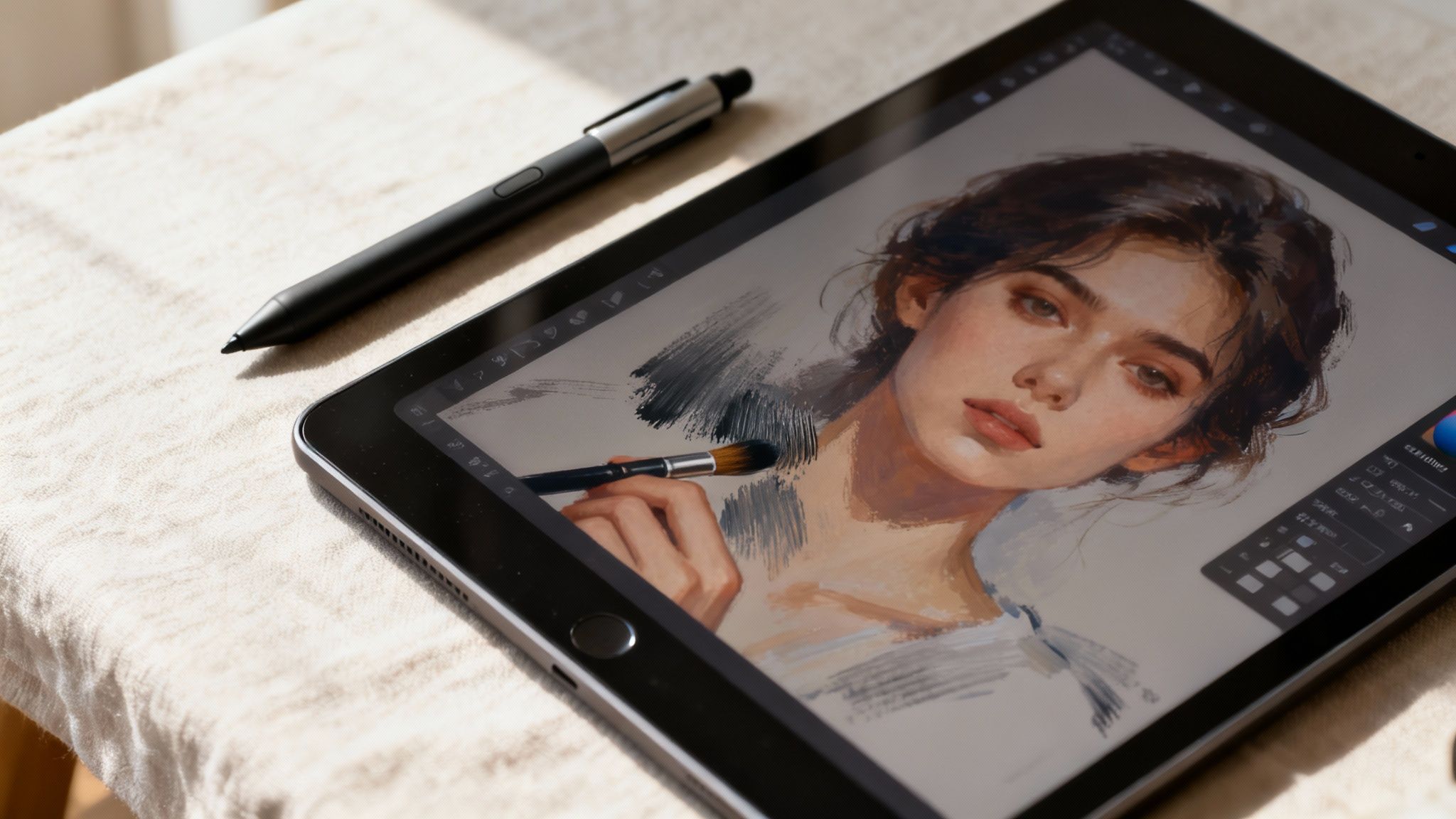 A digital art software interface showing a photo being transformed with brushes and layers.