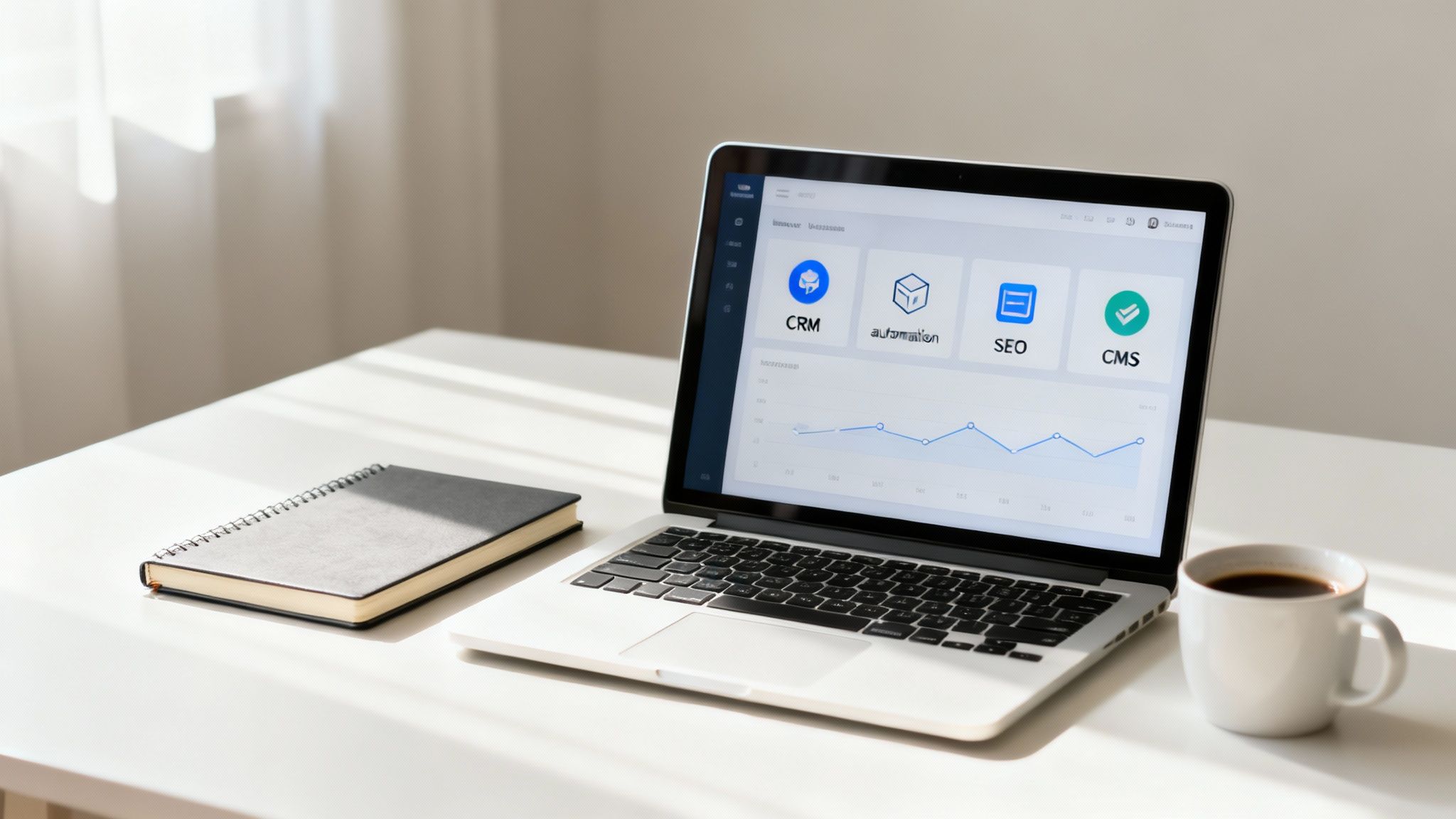 A digital illustration showing various marketing tool logos like HubSpot, Ahrefs, and WordPress connected by lines on a screen, representing a cohesive tech stack.