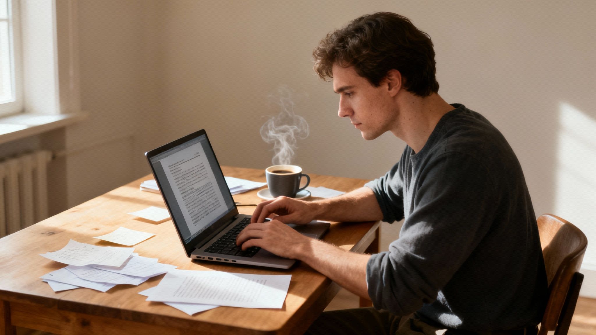 A person writing in a notebook at a desk with a laptop and coffee.