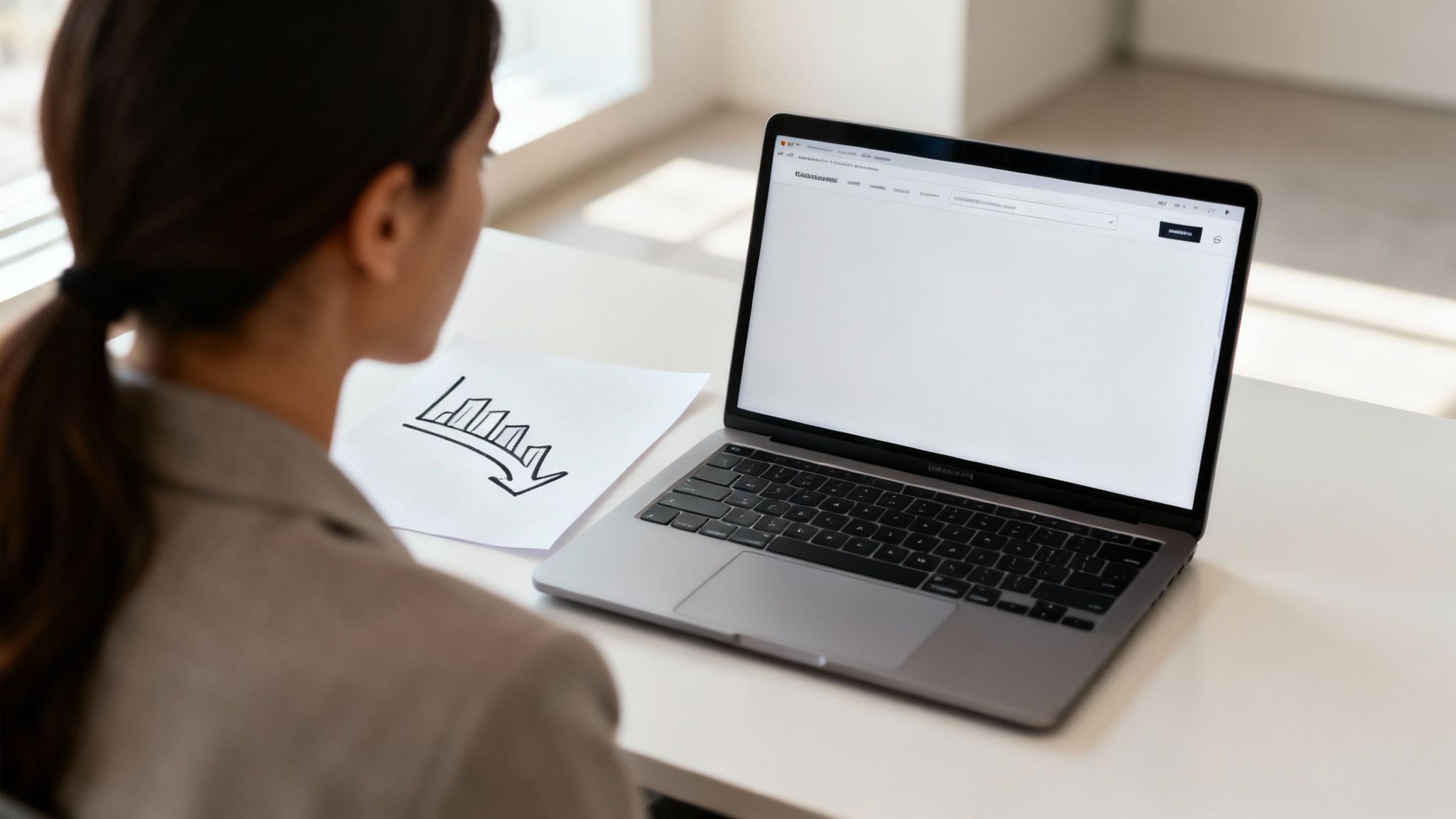 A person writing on a laptop, focused on creating compelling product descriptions.