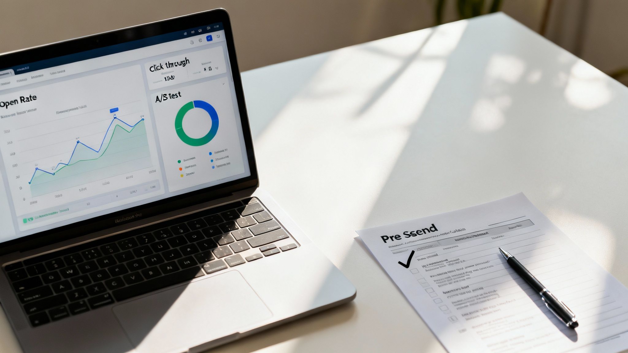 A digital marketer analyzing newsletter performance charts on a laptop and tablet.