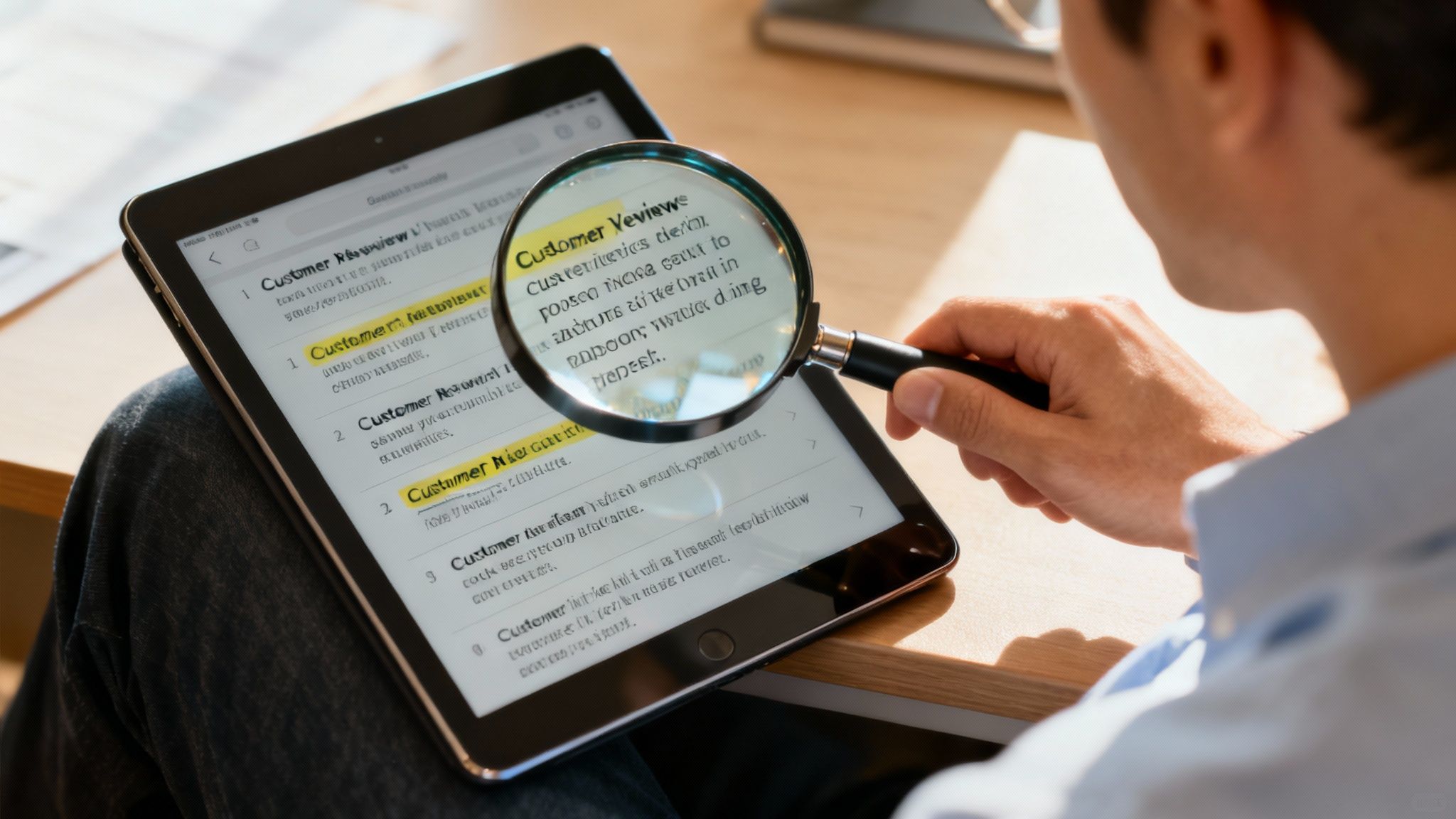 Person using a magnifying glass to look at customer data on a screen.