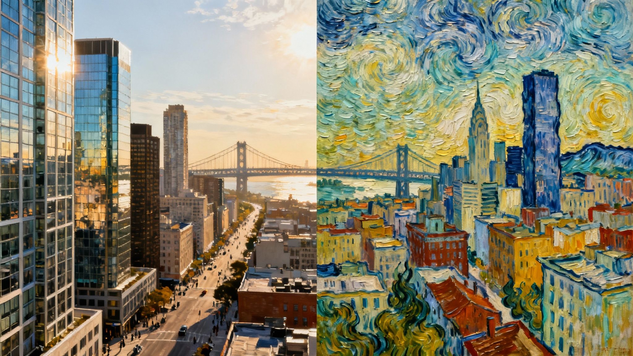 A person pointing at a screen showing two images being merged by style transfer AI, one a cityscape and the other an abstract painting