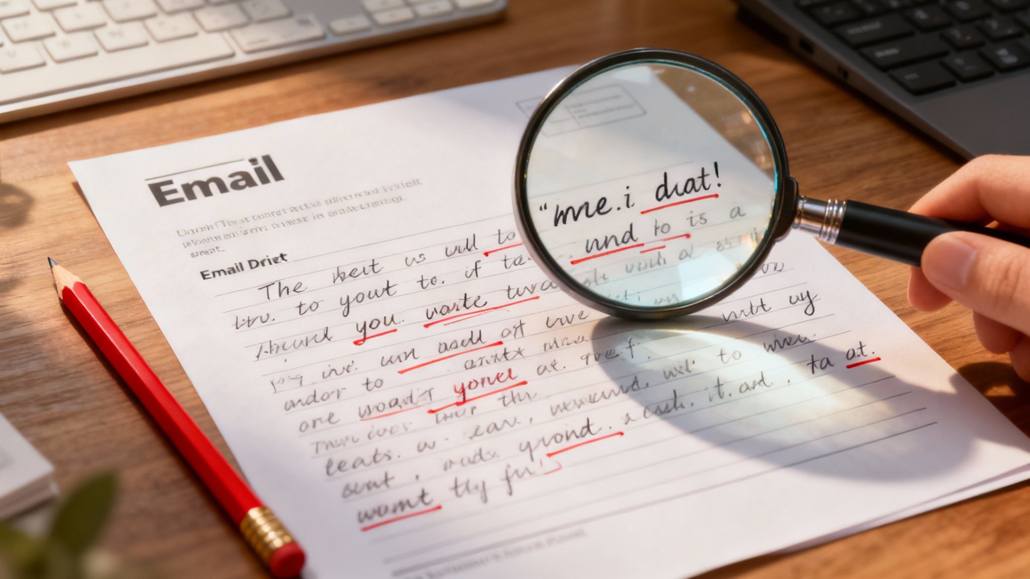 A person carefully proofreading an email on a computer screen, with a checklist on a notepad next to them.