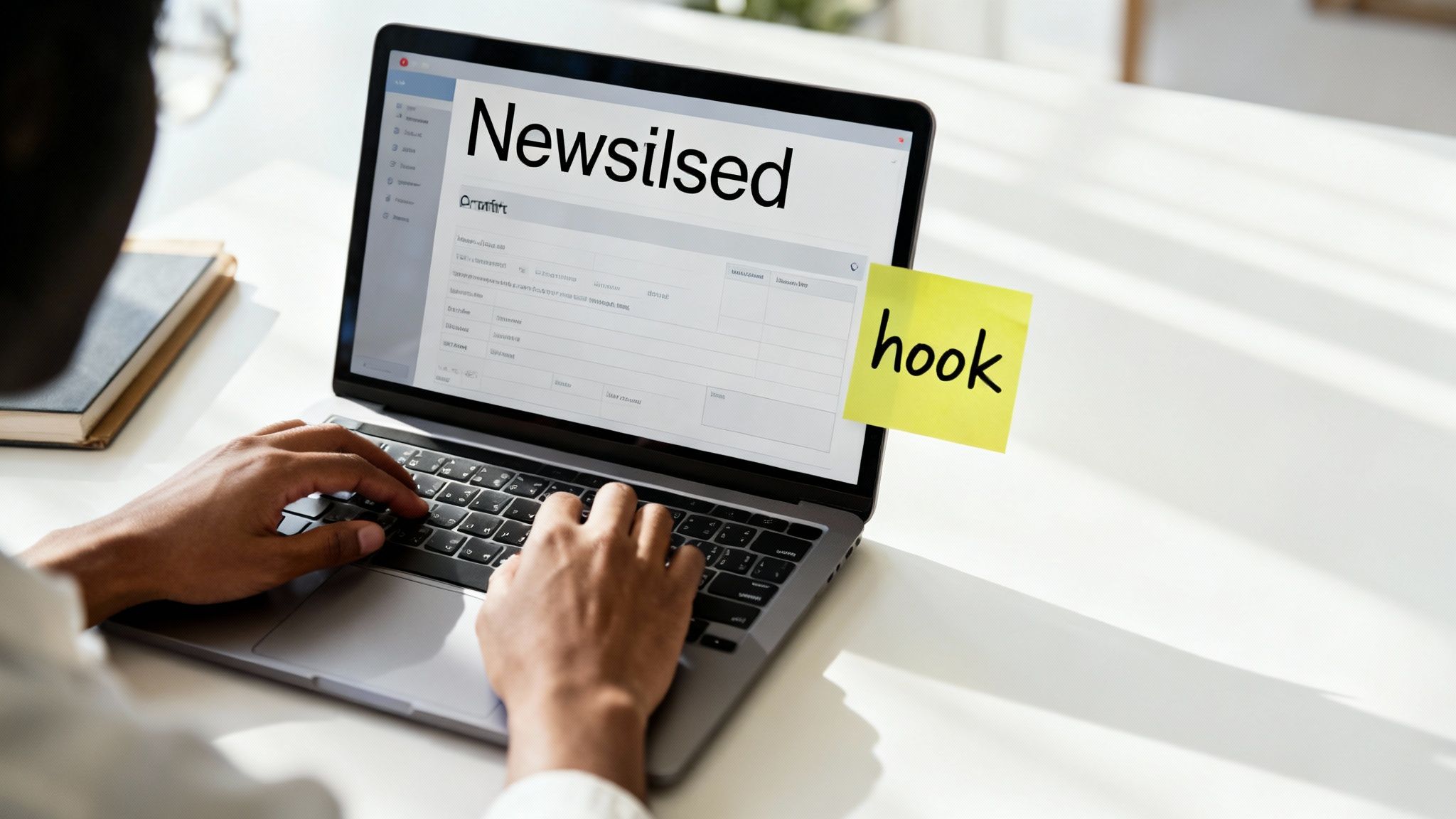 A person's hands typing on a laptop with a focused expression, illustrating the process of writing newsletter content.