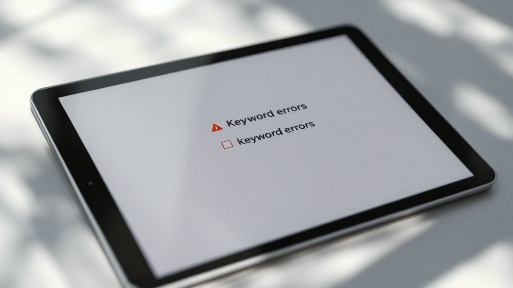 A person writing at a desk, with digital keyword icons floating around their hands, symbolizing natural placement.