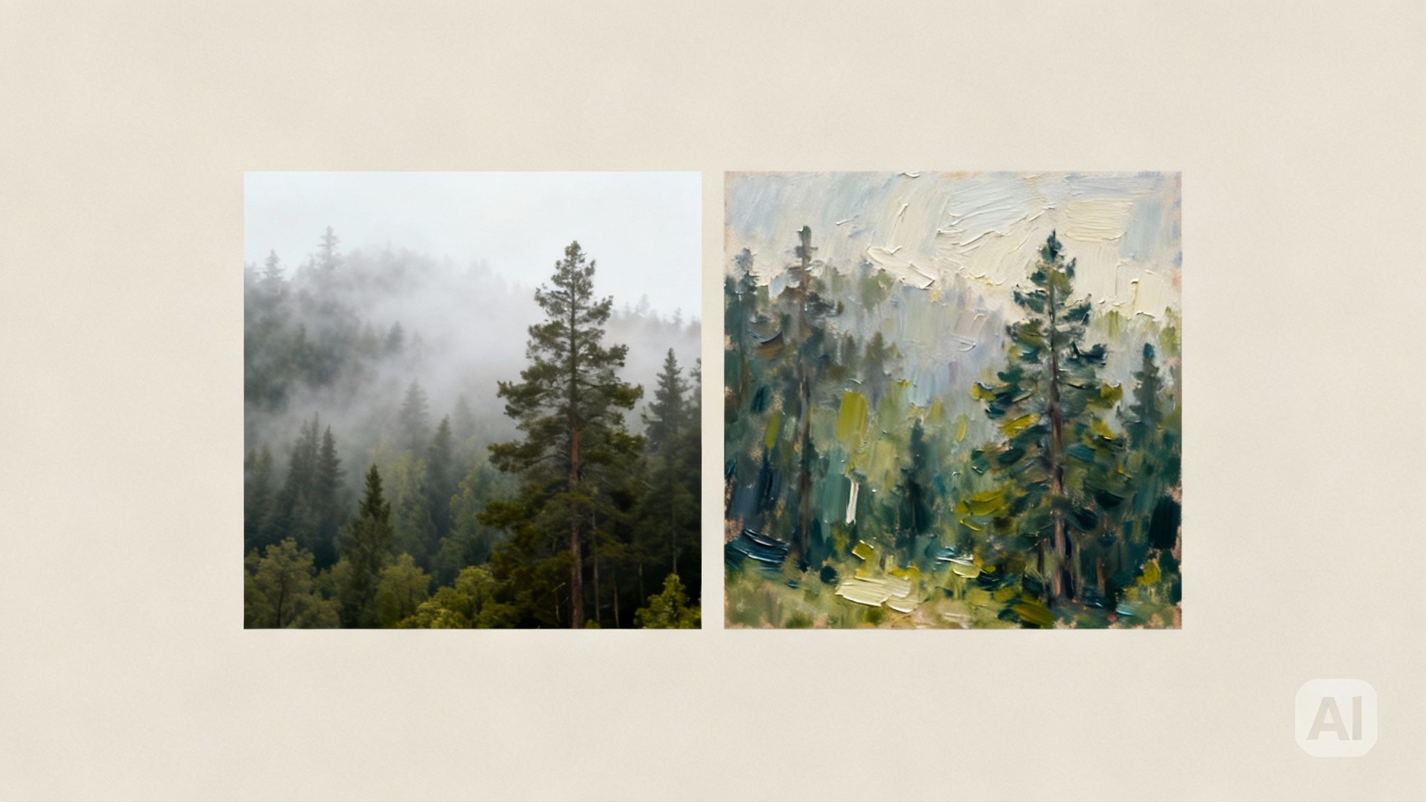 A split image showing a photograph of a castle on one side and an AI-generated painting of the same castle on the other.