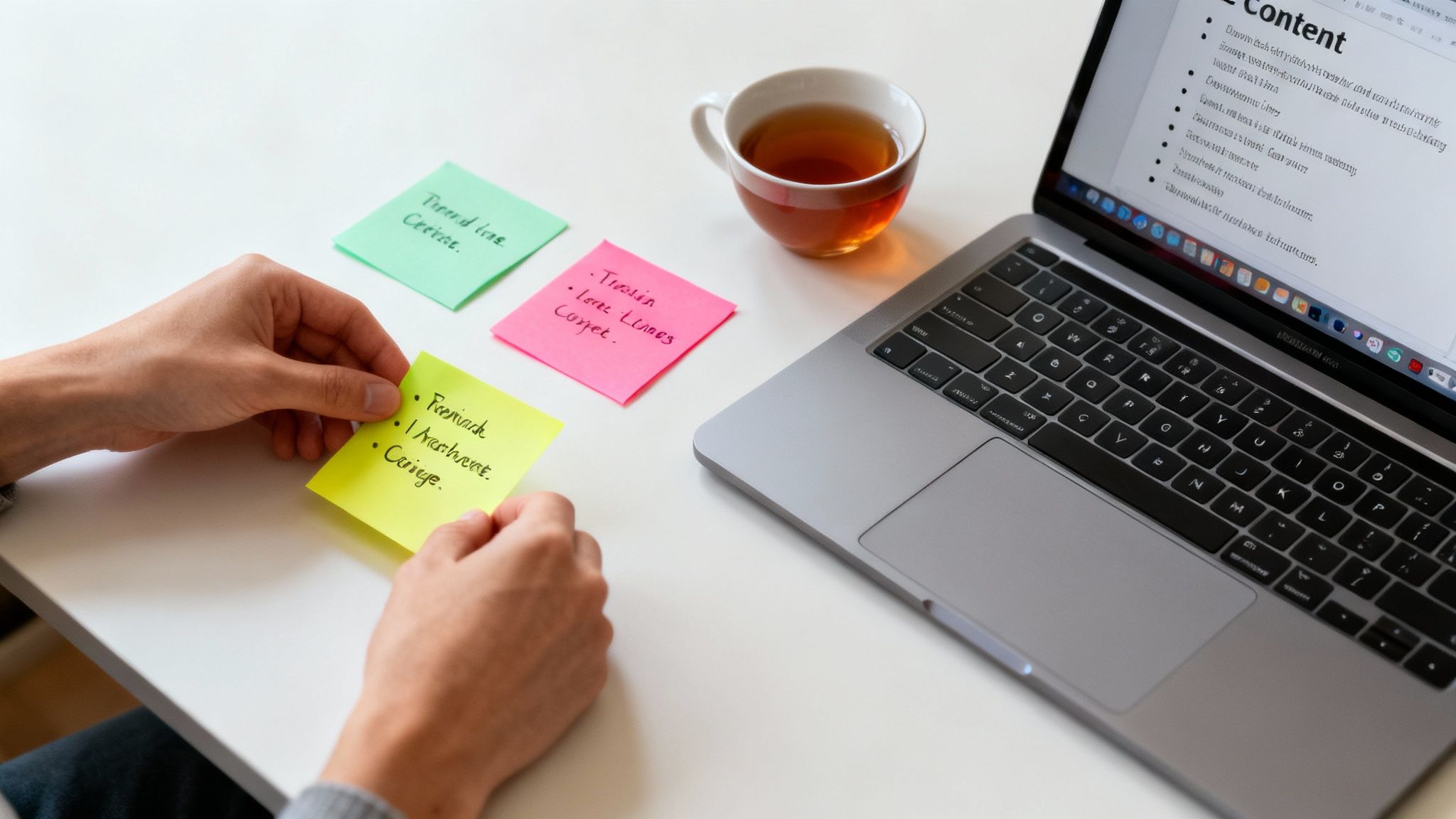 A person writing engaging newsletter copy on a laptop, with a cup of coffee nearby.