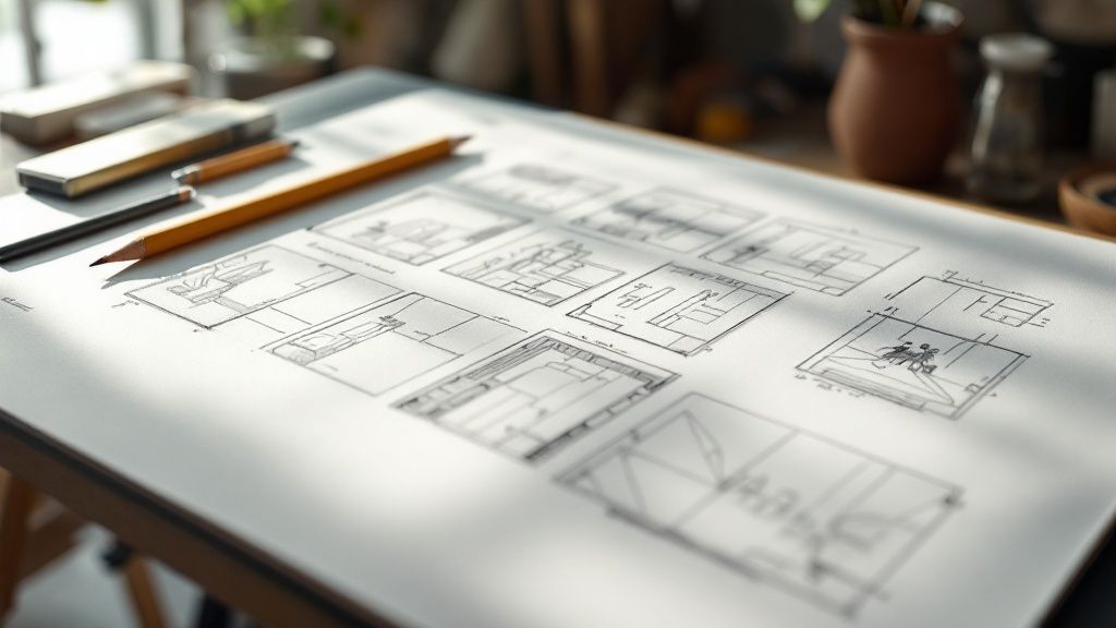 A team of creatives brainstorming ideas and looking at a storyboard on a whiteboard