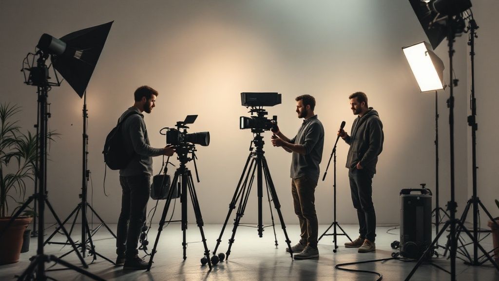 A digital marketer analyzing a campaign dashboard with charts and graphs on multiple screens