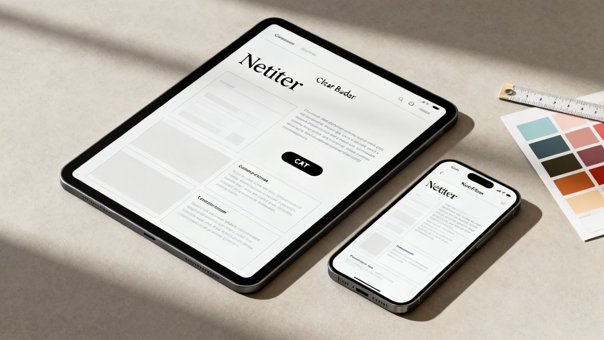 A designer using color swatches and layout grids to create a newsletter template on a tablet.