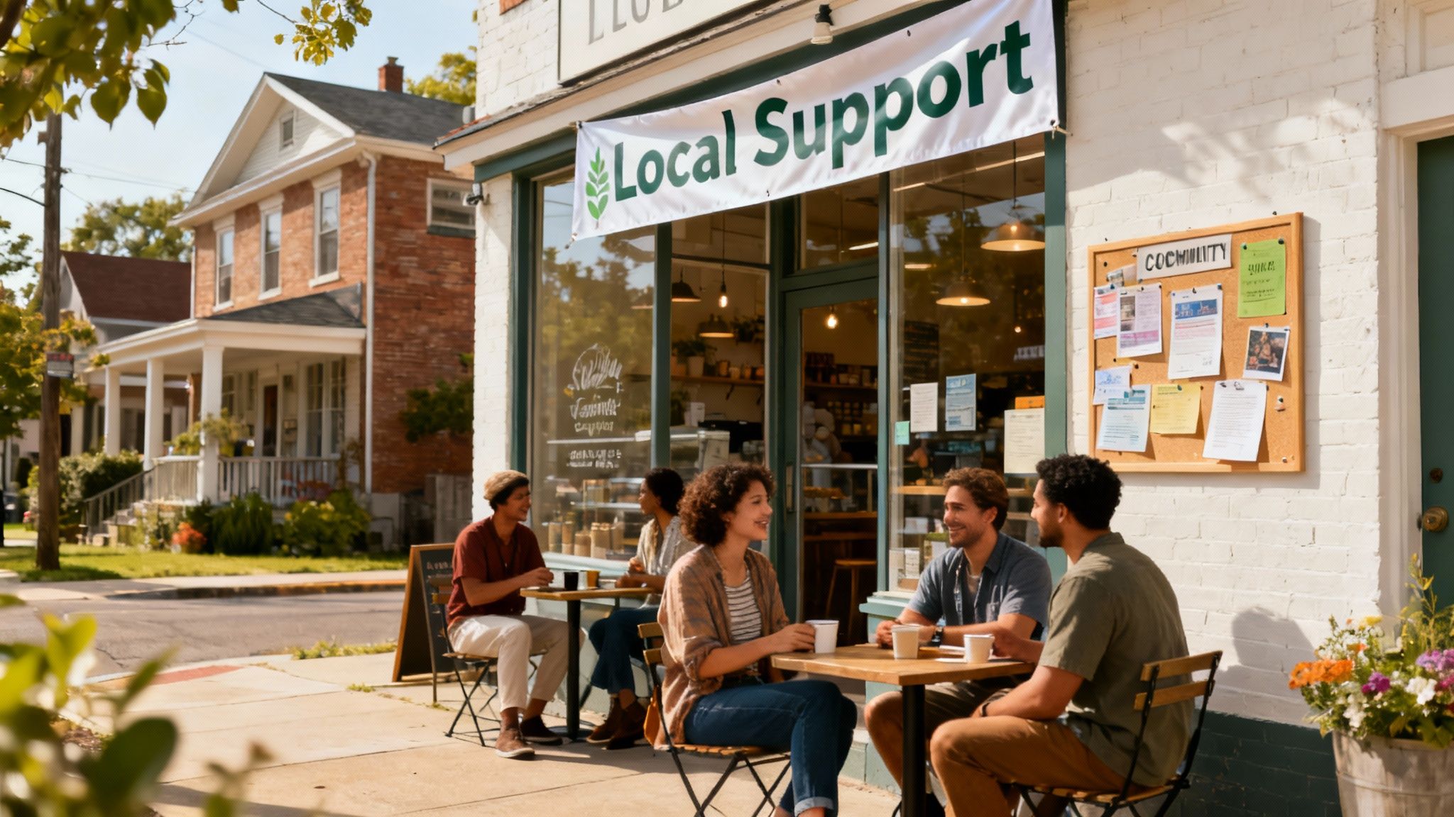 A vibrant local street market with a small business stall engaging with community members, representing local brand awareness.