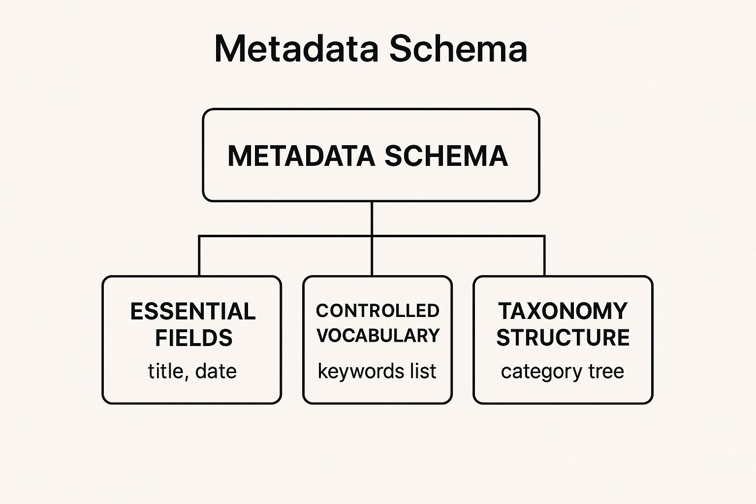 Infographic showing the hierarchical relationship of a metadata schema, with 'Essential Fields', 'Controlled Vocabulary', and 'Taxonomy Structure' as its core components.