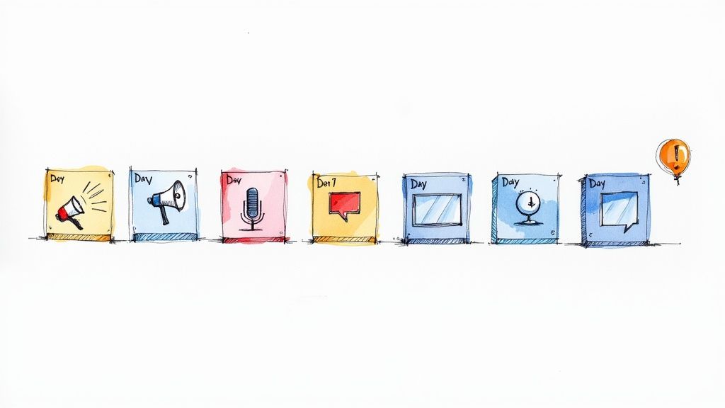 Illustration of a book launch week calendar with scheduled activities like media appearances, social media posts, and email blasts.