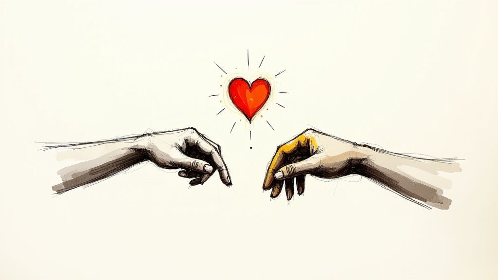 Infographic displaying the interconnected concepts of Love and Sacrifice. A central heart symbol is linked to nodes labeled 'Romantic Love', 'Familial Love', 'Platonic Love', and 'Self-Sacrifice', showing the different facets of the theme.