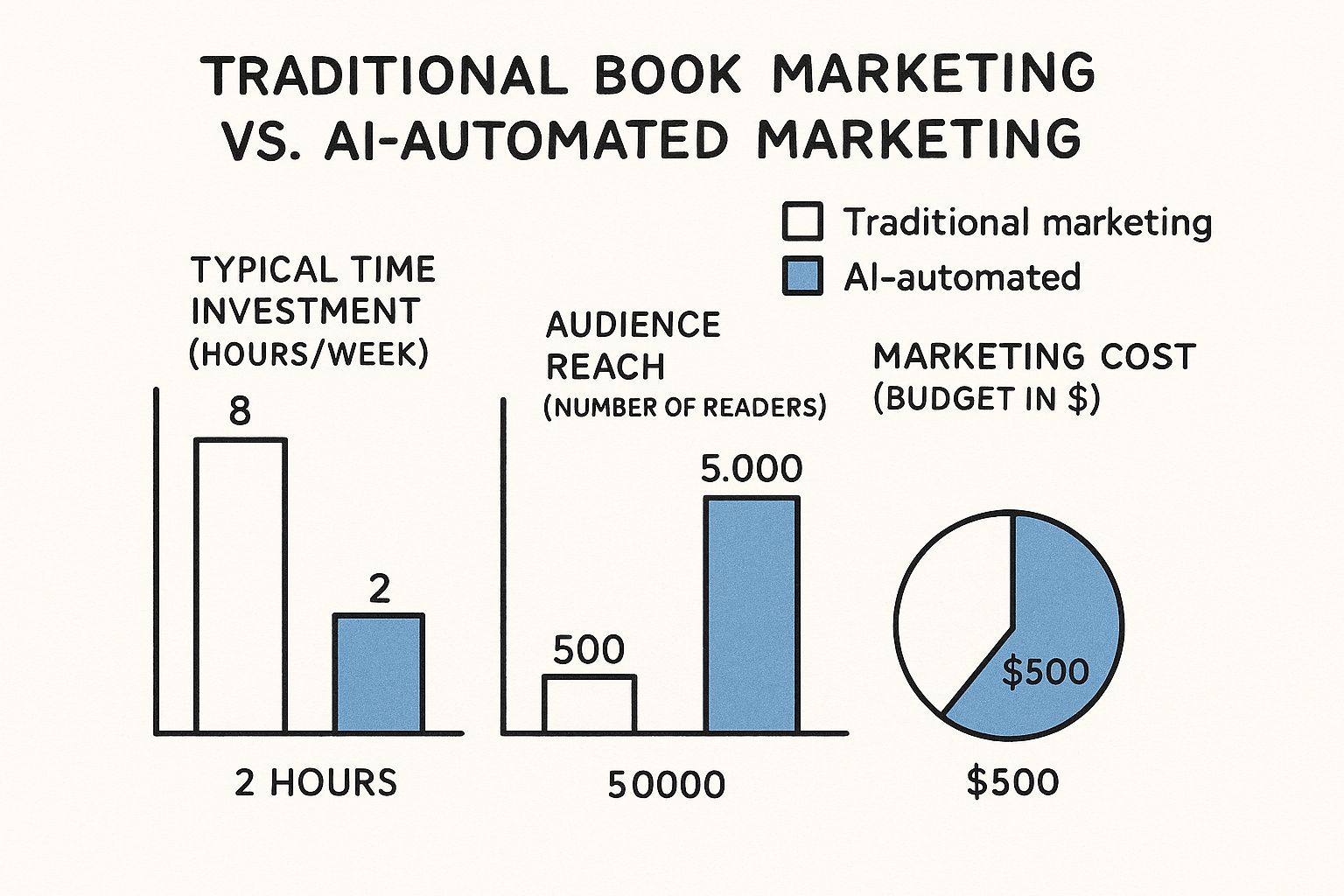 Infographic comparing traditional book marketing vs AI-automated marketing across time, reach, and cost.