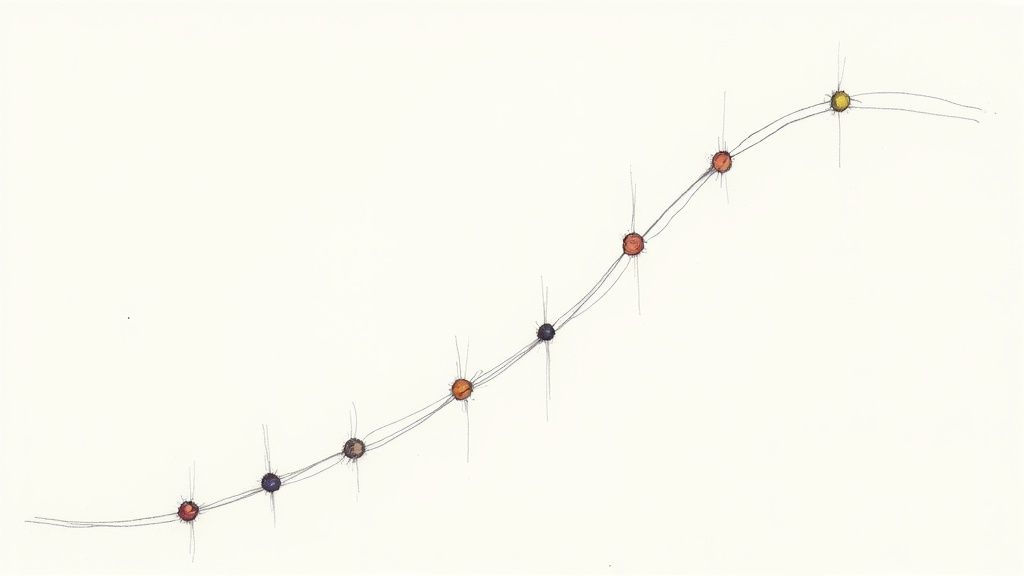 An infographic illustrating the seven key points of the Seven-Point Story Structure: Hook, Plot Point 1, Pinch Point 1, Midpoint, Pinch Point 2, Plot Point 2, and Resolution, arranged in a V-shape to show the story's progression.