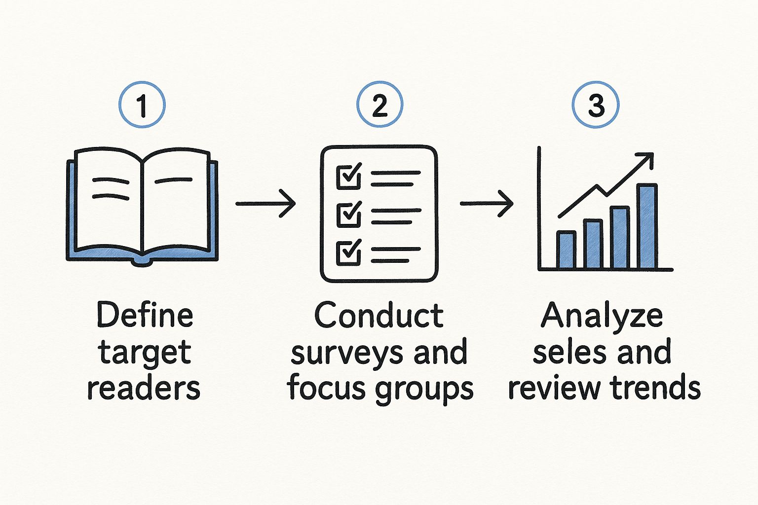 Infographic showing a three-step book market research process: define target readers, conduct surveys, and analyze trends.