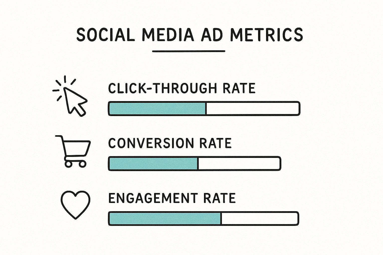 Infographic comparing click-through rate, conversion rate, and engagement rate for social media ads.
