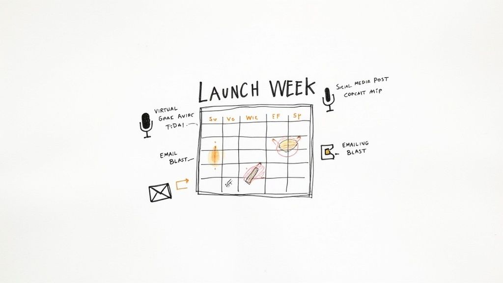 A planning calendar with events and social media icons, symbolizing the coordinated activities of a book launch week.
