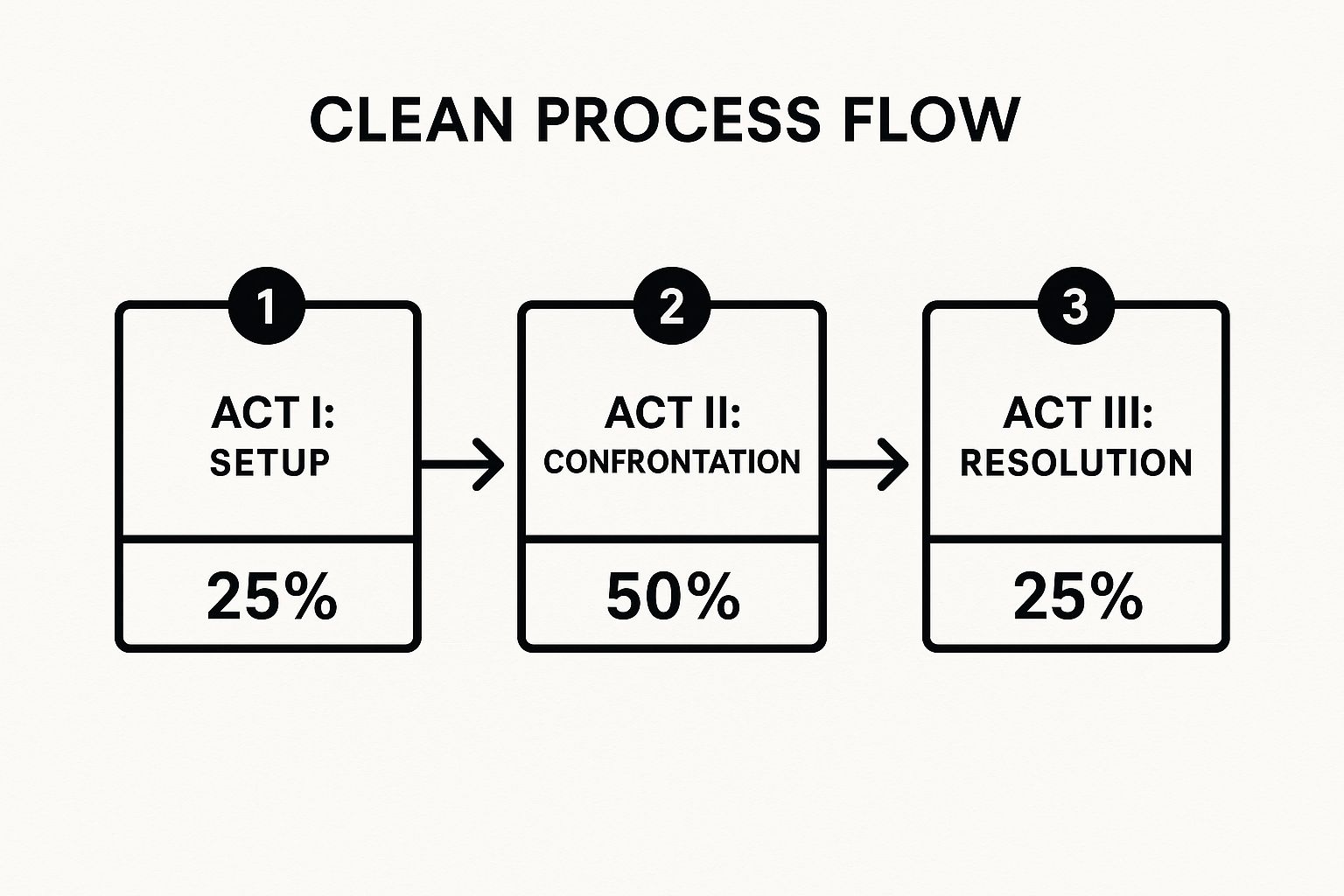 Infographic showing a process flow diagram of the Three-Act Structure, with three boxes labeled Act I: Setup (25%), Act II: Confrontation (50%), and Act III: Resolution (25%)