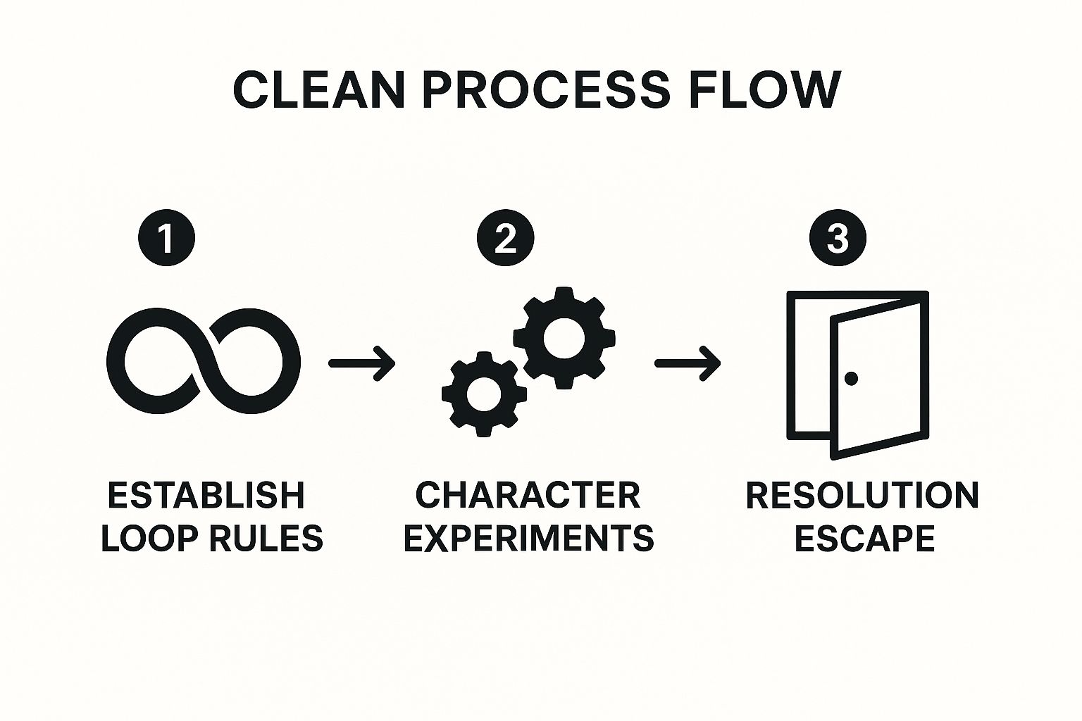 Infographic showing the three-step process for a time loop narrative: Establish Loop Rules, Character Experiments, and Resolution/Escape.