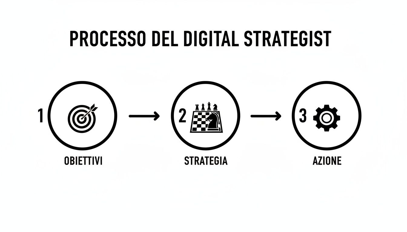 Diagramma del processo di un Digital Strategist: Obiettivi, Strategia e Azione, con icone esplicative.