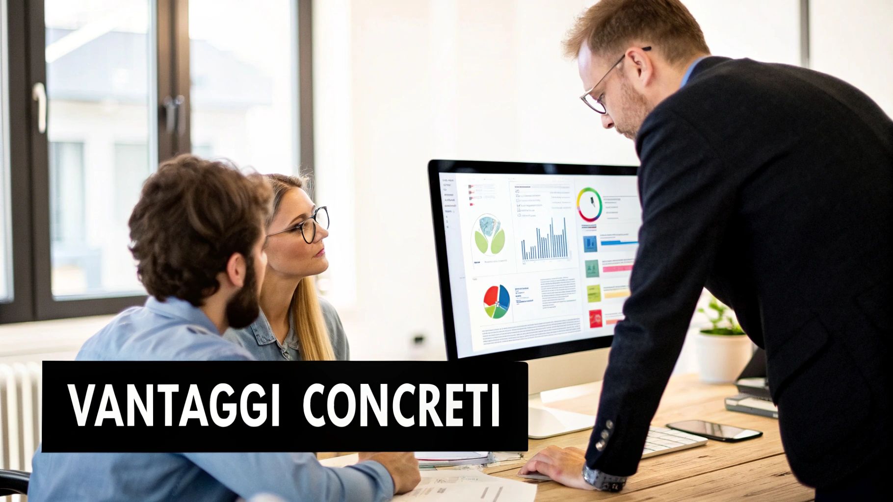 Un manager mostra al suo team una dashboard con indicatori di performance positivi su un grande schermo