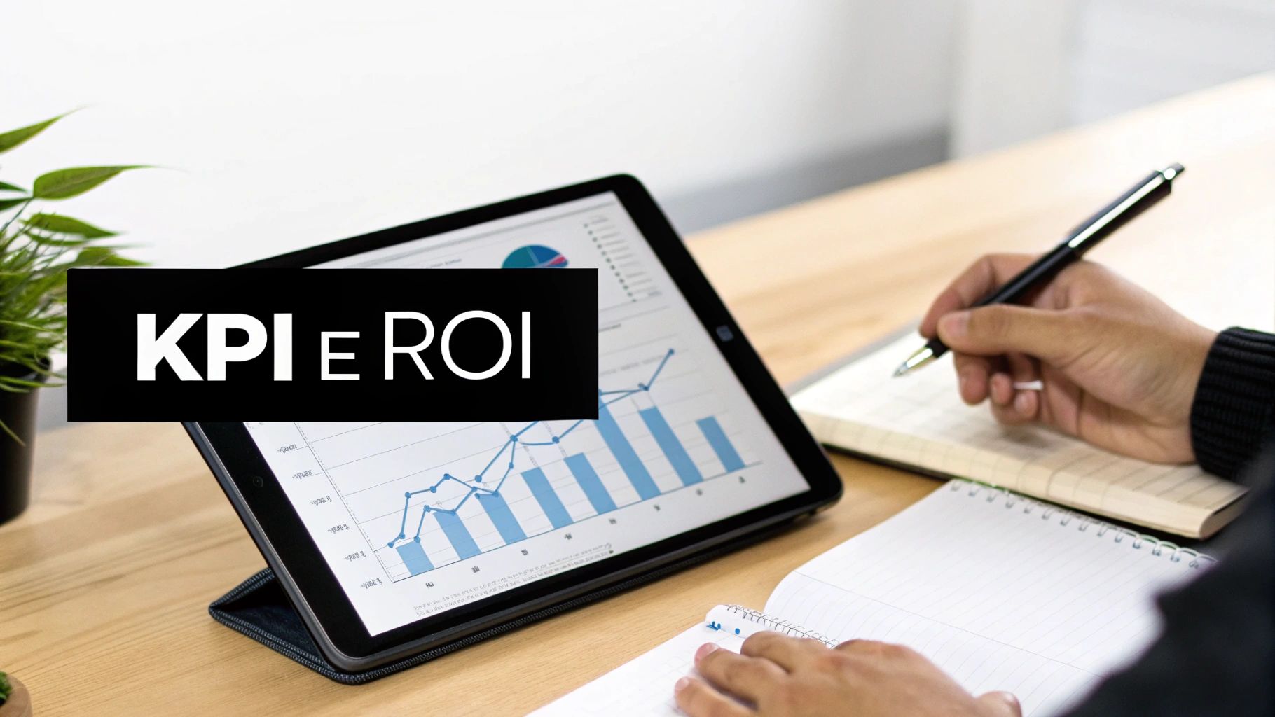 Una persona analizza grafici di KPI e ROI su un tablet, prendendo appunti in un quaderno. Ambiente di lavoro moderno.